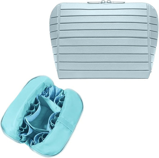Travel Makeup Organizer Bag with Fold-Down Design and Adjustable Dividers, 27 Pockets & 3 Brush Storage Holders, Large Capacity Cosmetic Bags Toiletry Case - Light blue