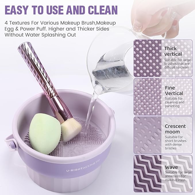 Makeup Brush Cleaner Mat 3 in 1 Silicone Makeup Brush Cleaner Bowl Cosmetic Brushes Cleaning Tool Organizer for Storage and Air Drying (Purple)
