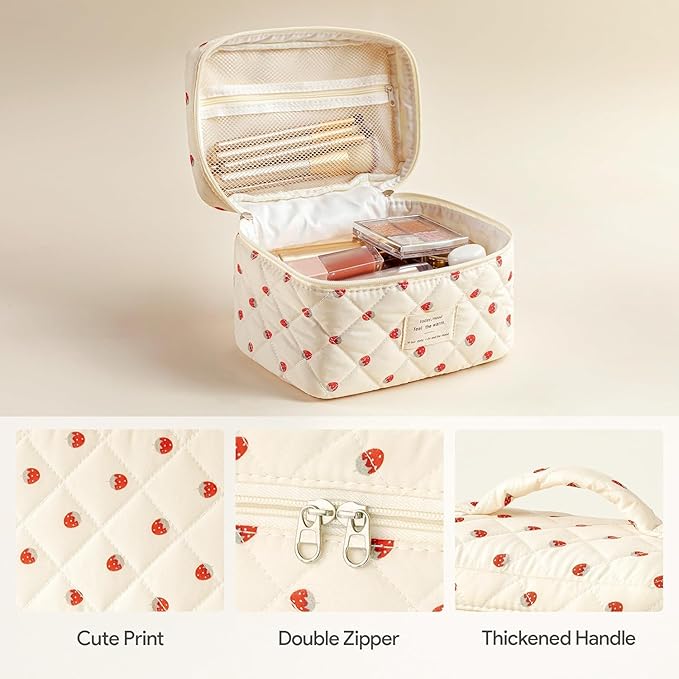 HBselect Quilted Makeup Bag, 3PCS Cotton Large Travel Makeup Bag, Cute Floral Coquette Make up Bag Cosmetic Bag Toiletry Bag for Women Girls