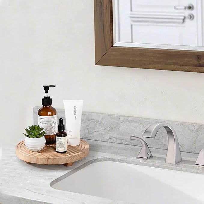 Round Decorative Tray Farmhouse Bathroom Decor Wood Riser Kitchen Countertop Organizer for Perfume, Candle, Plant, 9 inch Burlywood
