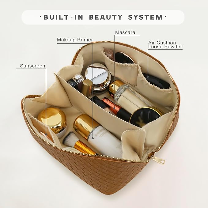 JINYIBAGS Travel Makeup Bag – Large Cosmetic Organizer with Waterproof PU Leather, Smooth Double Zipper & Tear-Resistant Lining, Toiletry Pouch for Women (Caramel)