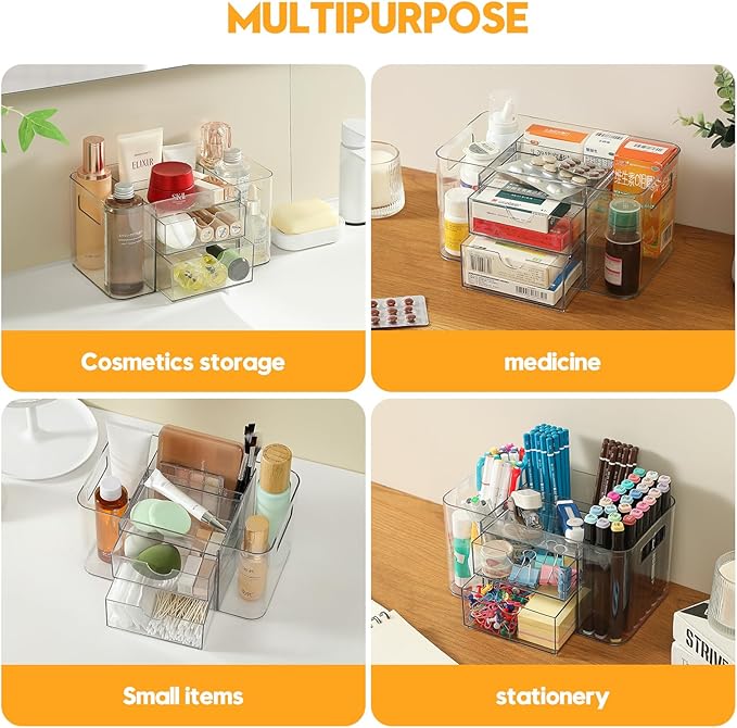 2-Drawer Hair Accessories Organizer, Large Capacity Clear Acrylic Vanity Organizer with 3 Compartments, Hair Brush Holder for Hair Ties, Clips, Scrunchies and Bobby Pins