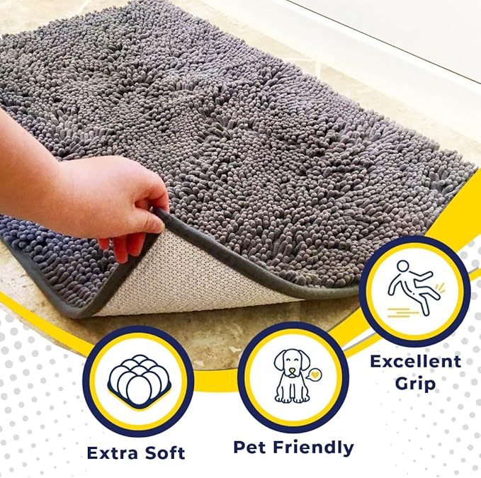 Muddy Mat® | Super Absorbent Door Mat Indoor, Microfiber Quick Dry Chenille Entryway Rug, Non-Slip Front Door Mat, Indoor Mats for Entryway, Machine Washable Pet Rug, Grey 60"x24"