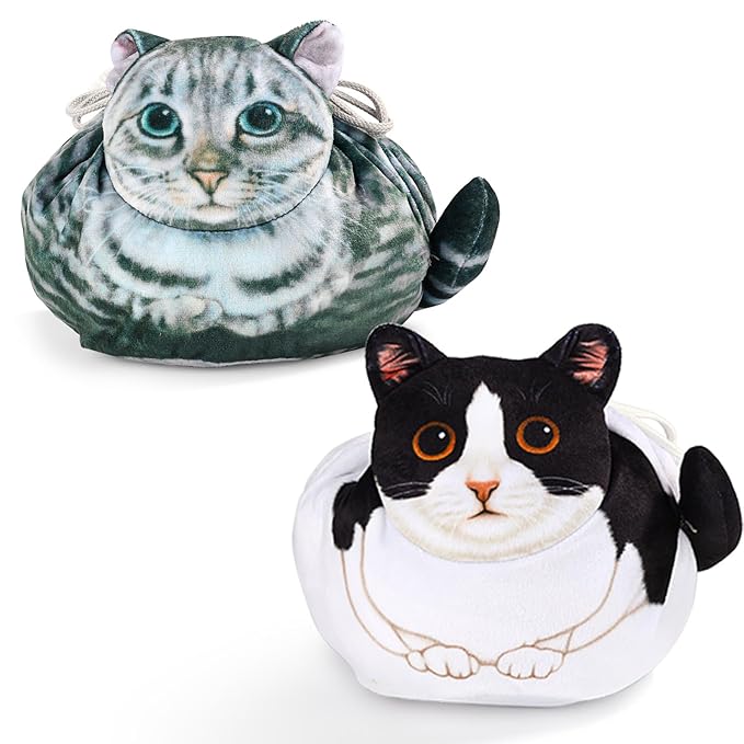 Openhaha Drawstring Cat Travel Organizer, Cosmetic Pouch - Lay Flat Makeup Bag Gifts for Cat Lovers (2-pack)