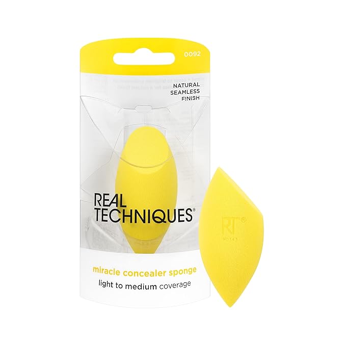 Real Techniques Miracle Concealer Sponge, Makeup Blending Sponge For Liquid & Cream Concealer, Elongated Shape For Precise Application Under Eyes & Tight Areas, Yellow, Latex-Free Foam, 1 Count