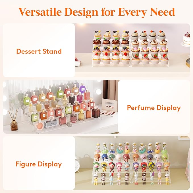 Lifewit Cupcake Stand, Perfume Cologne Organizer, Tool-Free Assembly, Display Riser, Spice Rack, Figurine Holder, Makeup Storage, Room Decor, Party Decorations, Clear, 12″ 4 Tier, 3 Pcs