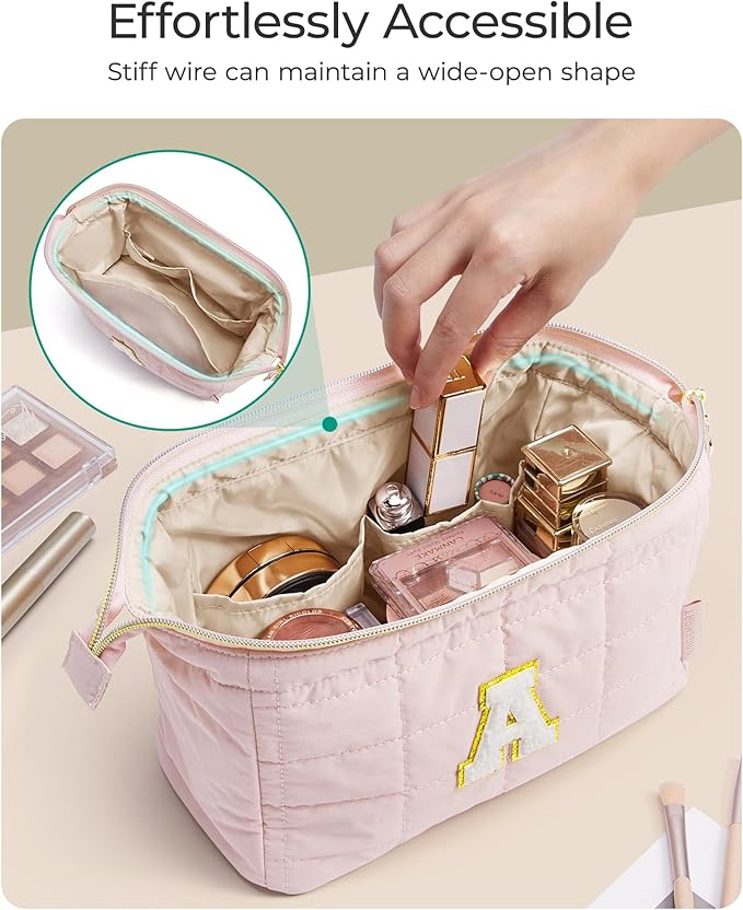 BAGSMART Birthday Gifts Personalized Initial Makeup Bag, Trendy Stuff Gifts for Women Bridesmaid Graduation, Puffy Padded Make Up Bags for Women, Wide-open Toiletry Bag, Pink S