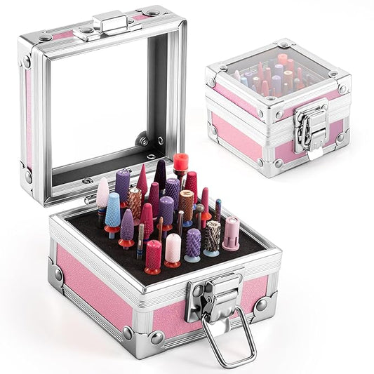 MelodySusie Nail Drill Bits Holder, 25 Holes Case, Portable Dustproof Displayer Organizer Container, Nail Tech Professional Nail Art Tool, Travel Salon Home, Pink (Drill Bits Not Included)