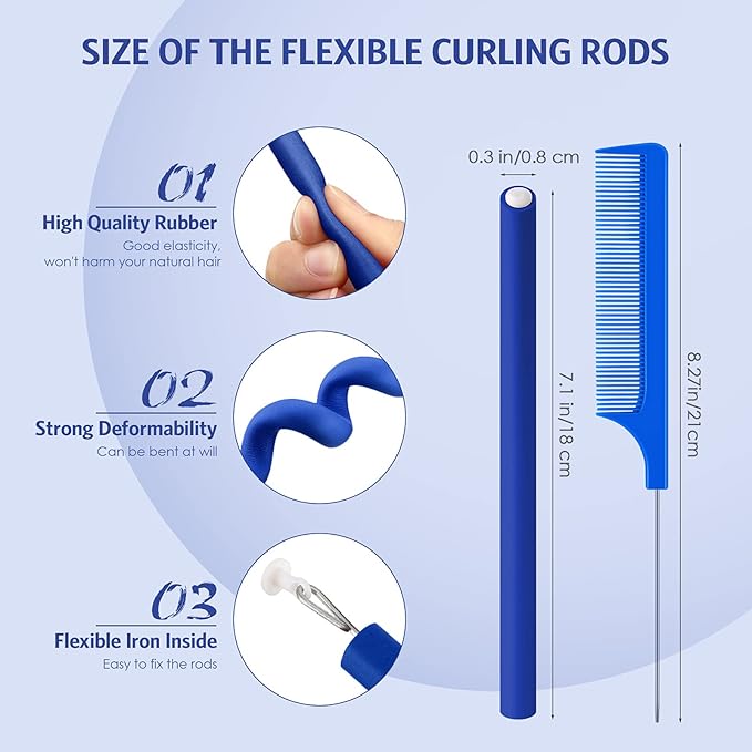 Syhood 30 Pcs 7'' Flexible Curling Rods Twist Foam Hair Rollers Soft Foam No Heat Hair Rods Rollers and 1 Steel Pintail Comb Rat Tail Comb for Women Long Short Hair(Navy Blue,7 x 0.3 Inch)