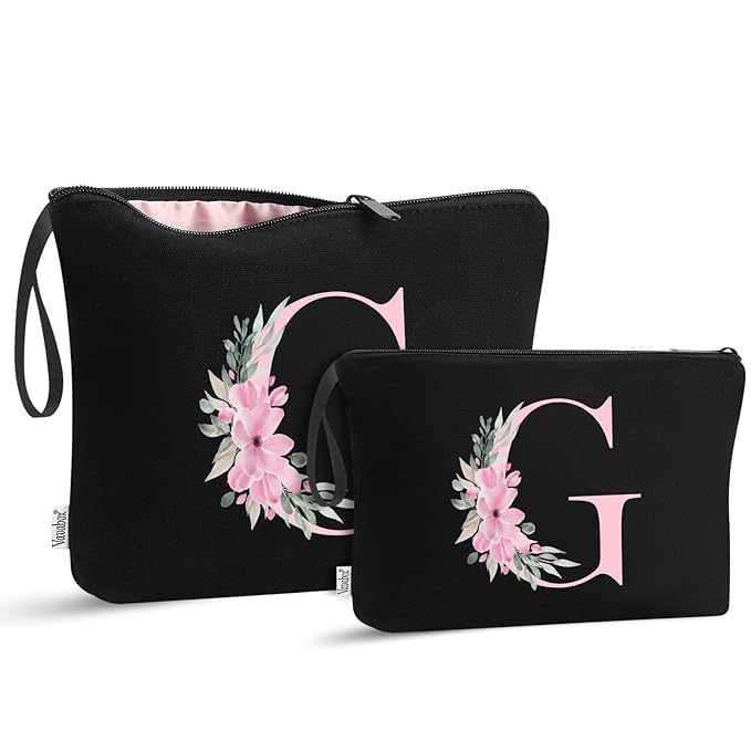 Vavabox A-Z Personalized Makeup Bag, Birthday Gifts for Women Mom, Gifts for Best Friend, Bride Bridesmaid Cosmetic bag (G, 04-Black Set)