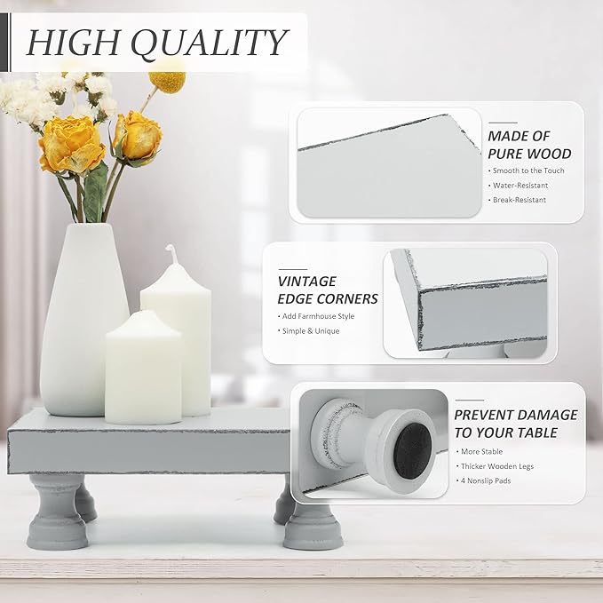 EOSAHR Decorative Wood Riser for Display : Modern Farmhouse Pedestal Stand for Home & Kitchen Decor and Stylish Soap Stand for Sink - Rustic Bathroom Counter Tray and Countertop Organizer (Light Gray)