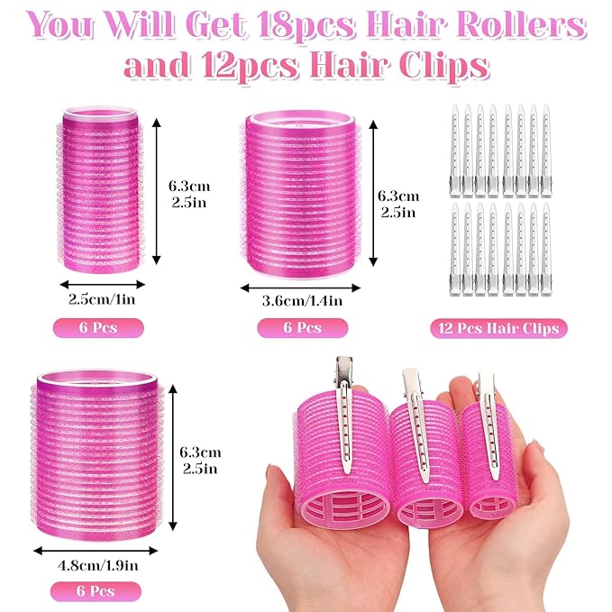 Self Grip Rollers 30Pcs Set with 3 Sizes (6 Large, 6 Medium, 6 Small) and 12 Clips for Long, Medium, Short Hair Volume