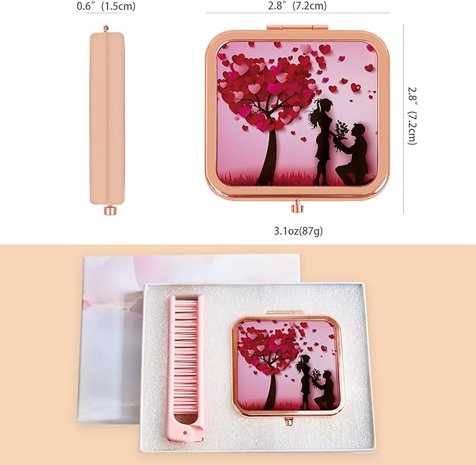 Romantic Love Heart Compact Mirror for Women, Portable Folding 2X Magnifying Makeup Mirror with Proposal Silhouette Design, Rose Gold Travel Pocket Mirror for Purse, Valentine's Day Gift