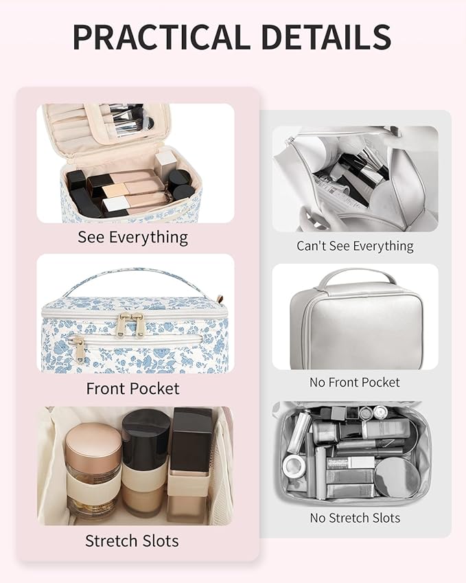 Wandering Nature Makeup Bag, Travel Make Up Organizer Cosmetic Brush Bags Case for Women in Quilted Fabric, Blue Flower, Patent Pending