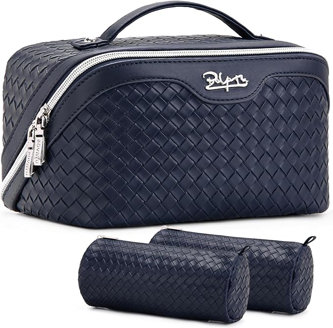 BOYATU Travel Makeup Bag Cosmetic Bags for Women: Large Capacity 3 Pcs Set Make up Bag with Compartments - Waterproof Vegan Leather Toiletry Organizer Bags with Handle (L34 Dark Blue)