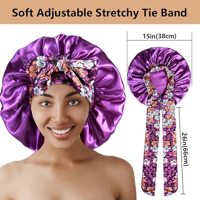 2pcs Large Silky Bonnets with tie Band Braid Bonnet, Satin Bonnet for Sleeping Curly Hair, E