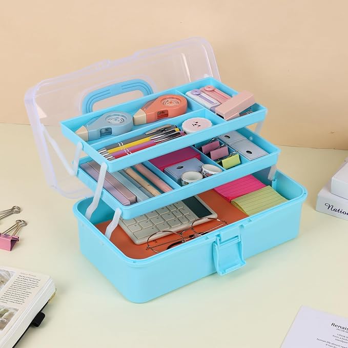 OUTUXED 12.5inch 3-Layer Multipurpose Craft Organizers, Portable Folding Toolbox, Plastic Tool Box with Handle for Sewing Supplies, Medicine, Art Supplies, Nails and Hair Accessories(Blue)