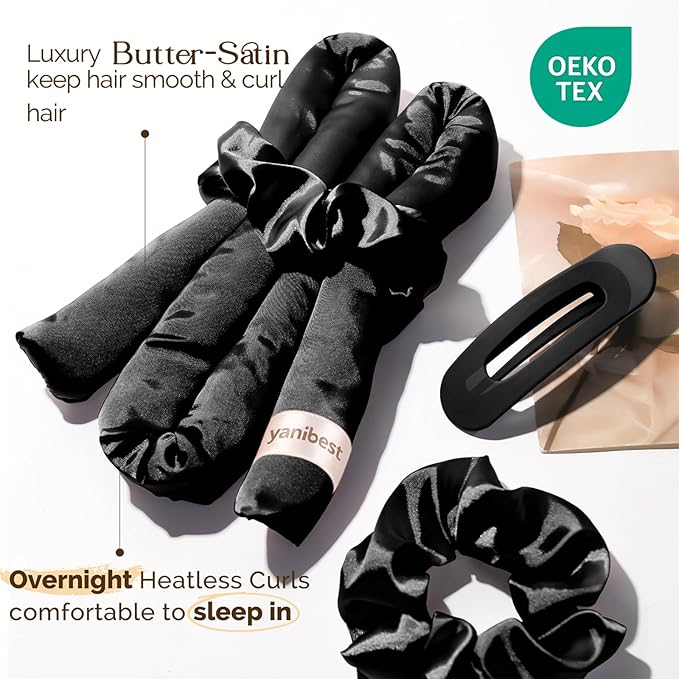 Yanibest Satin Heatless Curler Set, Overnight Hair Curler to Sleep in, No Heat Heatless Curl with Scrunchies and Clip，Black