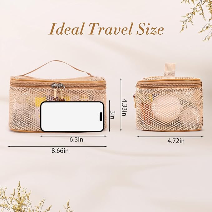 Boho Mesh Makeup Bag, Breathable Cosmetic Bags with Zipper, Travel Lightweight Make Up Organizer Mesh, Toiletry Bag with Handle for Women Girls Gift