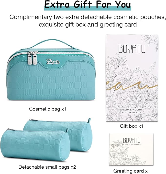 BOYATU Travel Makeup Bag Organizer Cosmetic Bag: 3 Pcs Set Make up Bags for Women with Handle - Waterproof Vegan Leather Toiletry Bags Travel Essentials Pouch with Compartments (01-C-Blue)