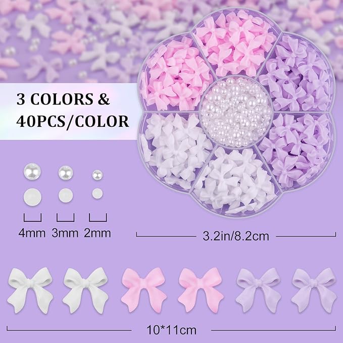 1 Box 3D Bow Charms and Flatback Pearls Set 3, 120 Pcs Cute Bow Charms for Design + 2-4mm White Pearls With Pickup Tweezer and Pencil for Nail Art Decoration