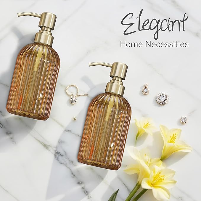 16 OZ Amber Glass Soap Dispenser, Amber Stripe Bathroom Hand Soap Dispensers with Stainless Steel Brushed Gold Pump,Brown Glass Kitchen Hand Soap Dispenser with Brushed Gold Pump