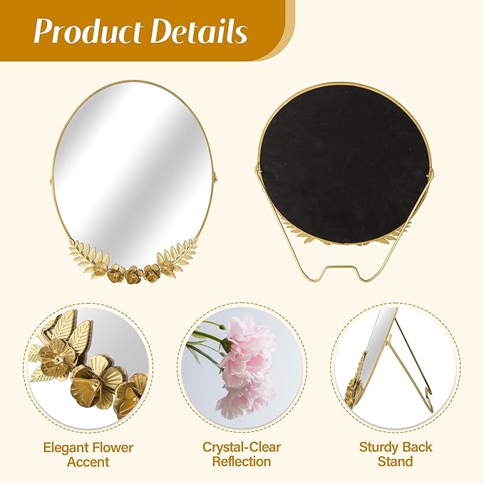 Golden Desk Oval Makeup Mirror with Blossoming Floral Accents – Lightweight Decorative Tabletop Vanity Mirror for Living Room, Bedroom, 10.04 x 11.81 Inches