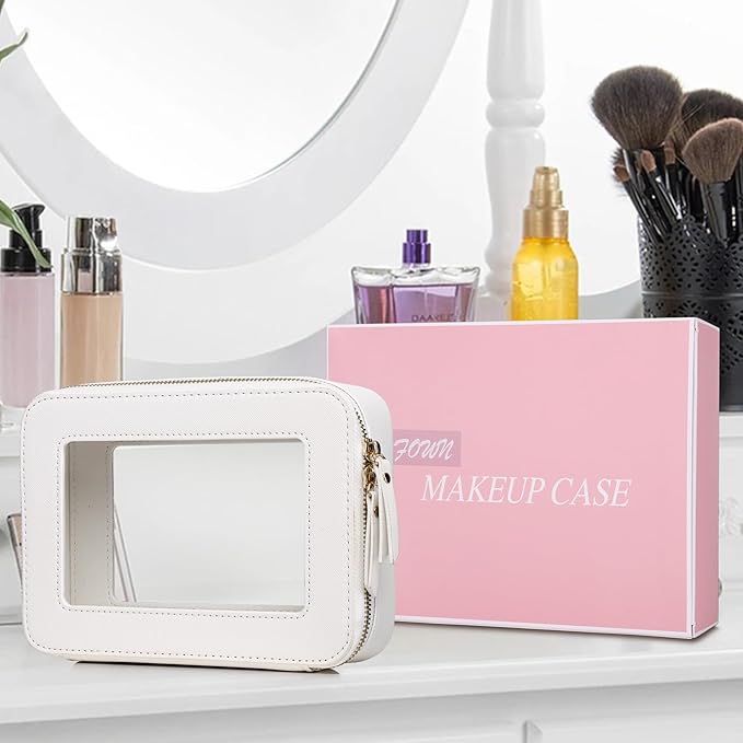 Clear Makeup Bag Women's Waterproof Travel Cosmetic Case and Toiletry Bag Portable Makeup Organizer Bag Car Essential with Zipper (White, M-1)