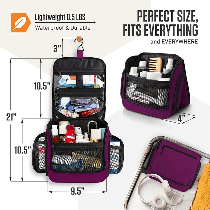 VENTURE 4TH Hanging Travel Toiletry Bag for Women & Men – Large Toiletry Organizer with 18 Compartments, Removable TSA Pouch, Travel Wash Bag for Toiletries, Makeup & Shaving Kit (Purple)