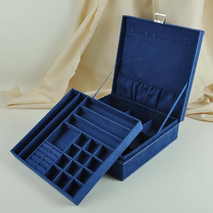 GYJOYERO Jewelry Boxes 10 x 10 Inches 2-layer Handle Necklace Holder Organizer Jewellery Women Rings Storage Display Girls Earrings Case Lockable Jewelry Tray GY641 (Navy)