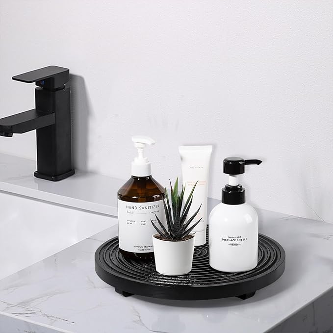 Round Decorative Tray Farmhouse Bathroom Decor Wood Riser Kitchen Countertop Organizer for Perfume, Candle, Plant, 11 inch Black