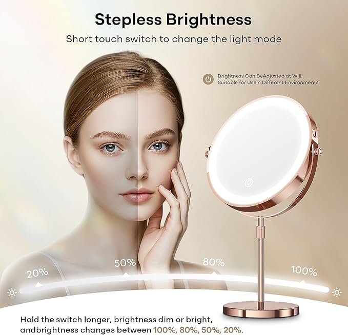 Makeup Mirror with Lights, 1x/20x 360° Rotation Vanity Mirror, Brightness Adjustable Lighted Makeup Mirror with Magnification, 5000 mAh Rechargeable Double Sided Mirror with 3 Colors, Gift for Women