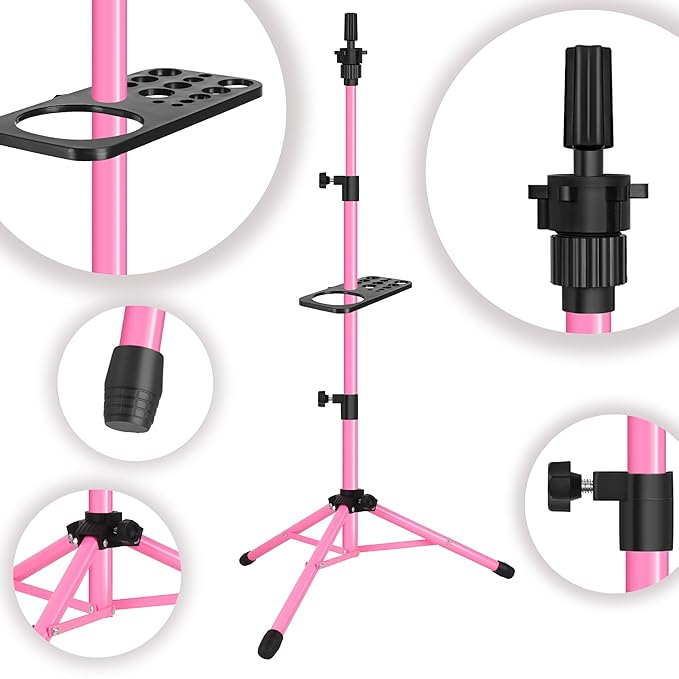 Wig Stand Tripod 50 Inch Metal Wig Mannequin Head Tripod Stand For Hairdressing Training Head Adjustable Wig Tripod Stand with Tool Tray (Pink, Mannequin Head Not Included)