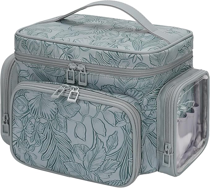 Large Makeup Bag, Portable Travel Makeup Bag Organizer for Women Girls with Makeup Brush Compartment & Two Side Pockets, Cosmetic Travel Bag Vertical Storage Toiletry - Floral Blue