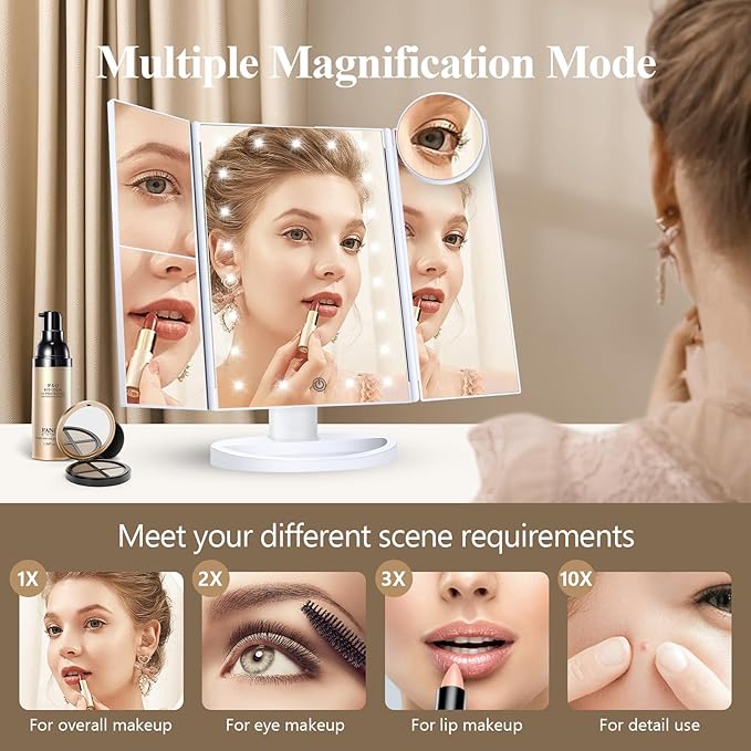 HUONUL Makeup Mirror, Vanity Mirror with Lights, 2X/3X/10X Magnification, Touch Control, Trifold Mirror, Dual Power Supply, Valentines Day Gifts for Her,Gifts for Women, Wife, Mom, Teengirls