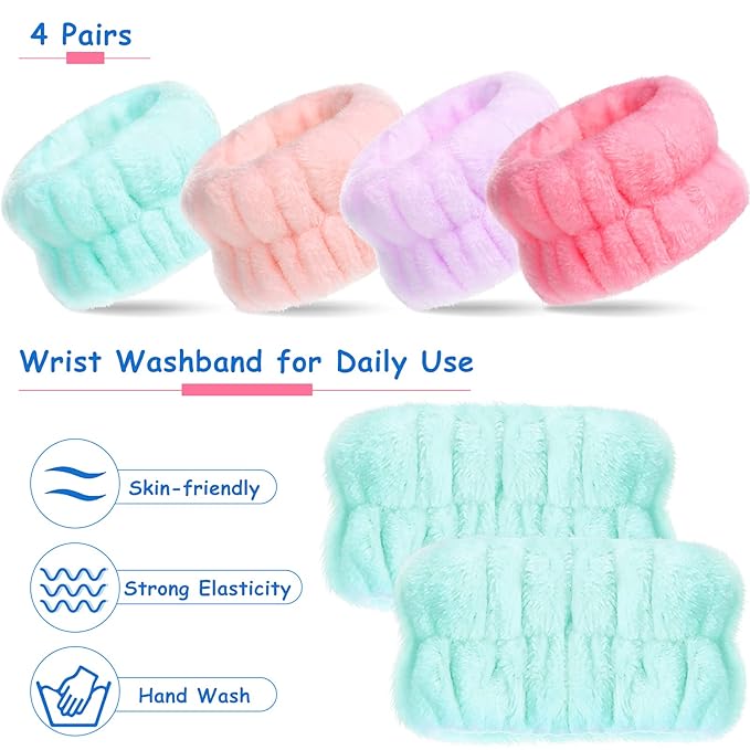 Chuangdi 4 Pairs Wrist Bands for Washing Face Wrist Spa Microfiber Wash Towel Band Scrunchies Absorbent Wristbands Sweatband for Women Prevent Liquid from Spilling (Candy Color)