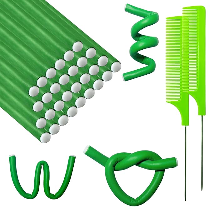 60 Pieces Flexible Curling Rods Twist Foam Flexi Rods No Heat Hair Rods Hair Rollers and Steel Pintail Rat Tail Comb for Long Hair Short Hair Women Girls (9.45 x 0.31, Green)