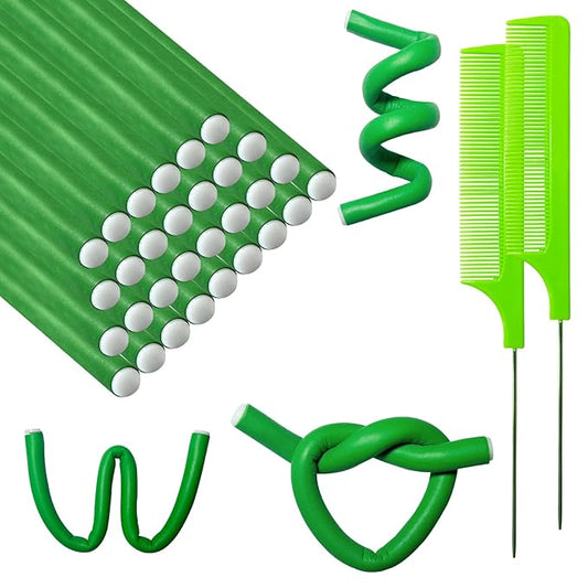60 Pieces Flexible Curling Rods Twist Foam Flexi Rods No Heat Hair Rods Hair Rollers and Steel Pintail Rat Tail Comb for Long Hair Short Hair Women Girls (9.45 x 0.31, Green)