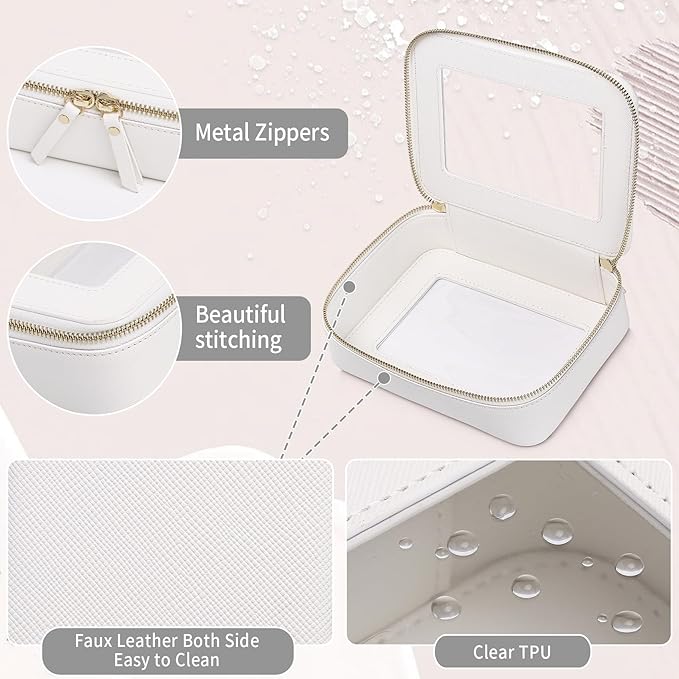 Clear Makeup Bag Women's Waterproof Travel Cosmetic Case and Toiletry Bag Portable Makeup Organizer Bag Car Essential with Zipper (White, M-1)