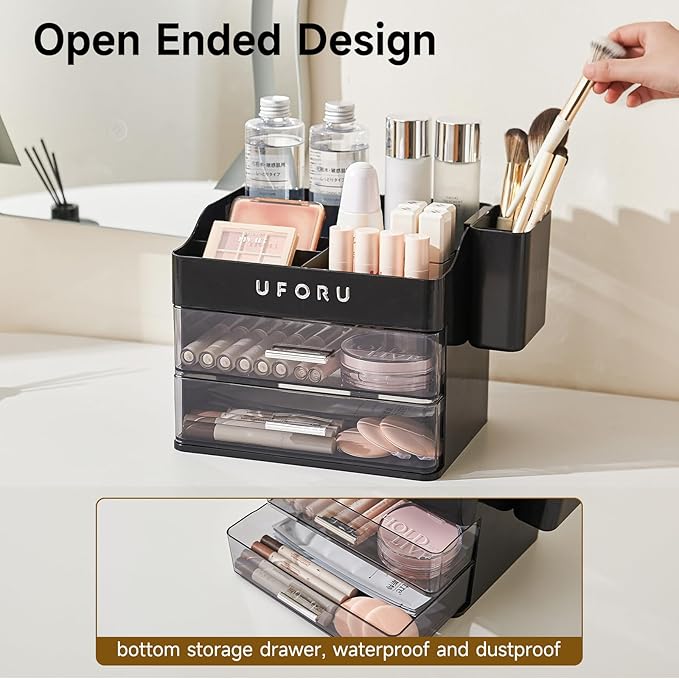 Makeup Organizer for Vanity with Brush Holder, Countertop Skincare Organizer with 2 Drawers, Spacious Cosmetic Display Case for Perfumes, Cologne, Shaving Lotion