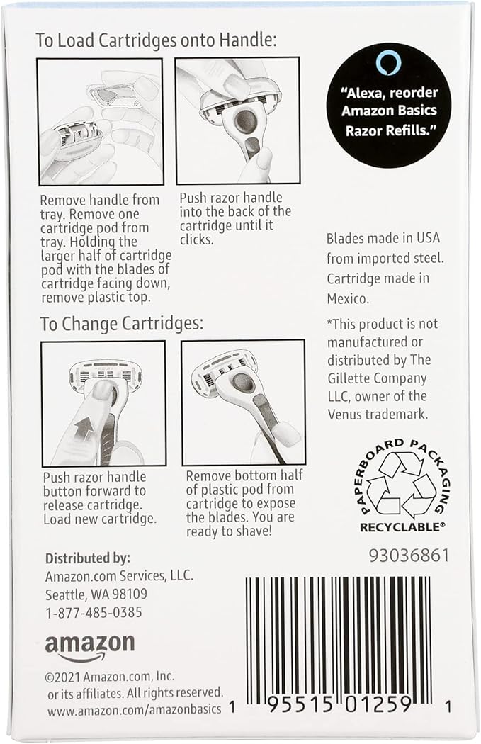 Amazon Basics 5-Blade Razor Refills for Women with Comfort-Coated Blades, Moisture Lubrication, Hypoallergenic, 6 Count (Fits Amazon Basics Razor Handles Only) (Previously Solimo)