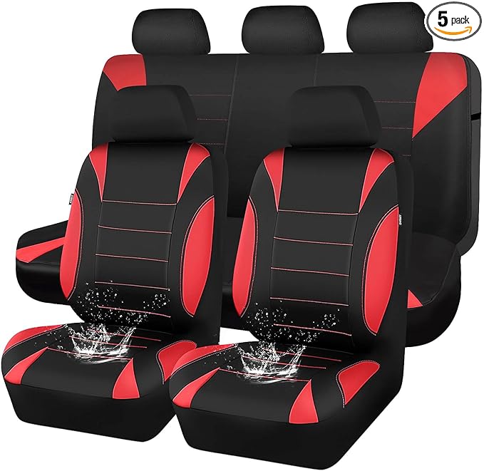 CAR PASS Neoprene Wetsuit Seat Covers, Waterproof Car Seat Covers Full Sets with 5mm Composite EVA, Universal Fit for Car,Sedan, SUV TrucksAnti Slip, Airbag Compatible(Black Red