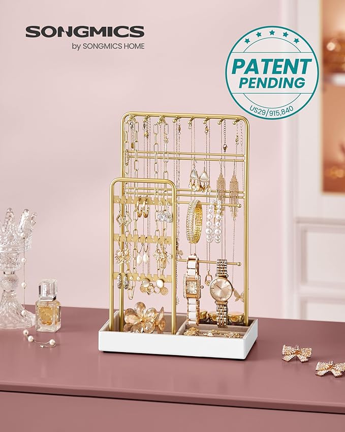 SONGMICS Set of 2 Jewelry Holders, Jewelry Organizers Display Stands with Metal Frame, Velvet Tray, Necklace Earring Bracelet Holders, for Studs, Rings, Gift Idea, Pale Gold UJJS021A01V1-2J