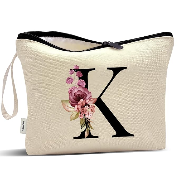 Vavabox A-Z Personalized Makeup Bag, Birthday Gifts for Women Mom, Gifts for Best Friend, Bride Bridesmaid Cosmetic bag (K, Yellow)