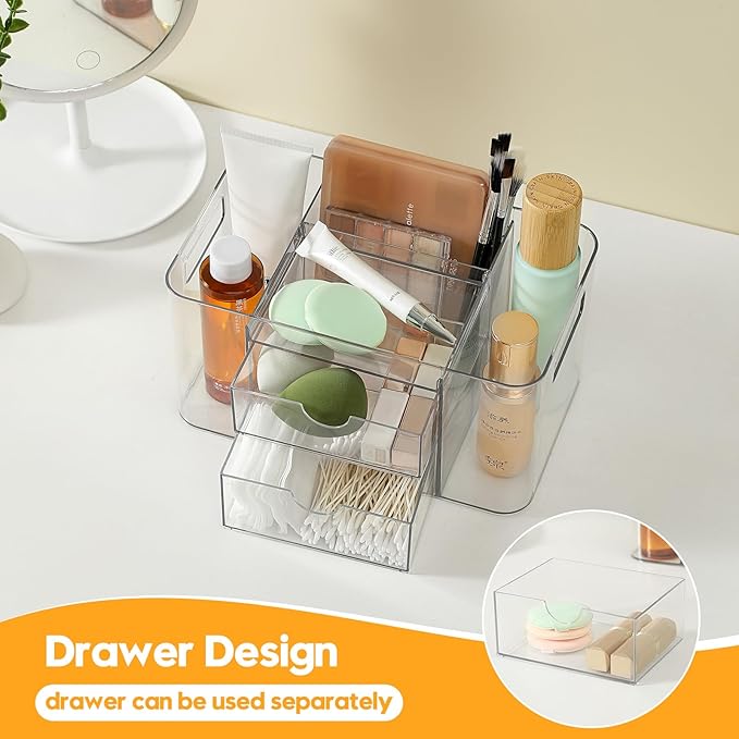 2-Drawer Hair Accessories Organizer, Large Capacity Clear Acrylic Vanity Organizer with 3 Compartments, Hair Brush Holder for Hair Ties, Clips, Scrunchies and Bobby Pins