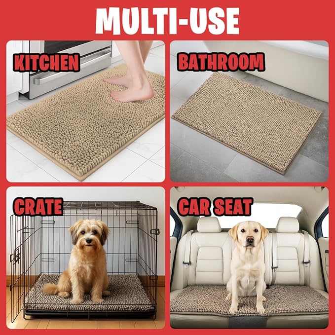 MudGuard Mat™ Dog Door Mat for Muddy Paws, Super Absorbent Microfiber, Non-Slip Indoor Mat, Quick Dry Chenille Mud Mat for Dogs & Entryway, Washable, Beige 16" x 24"