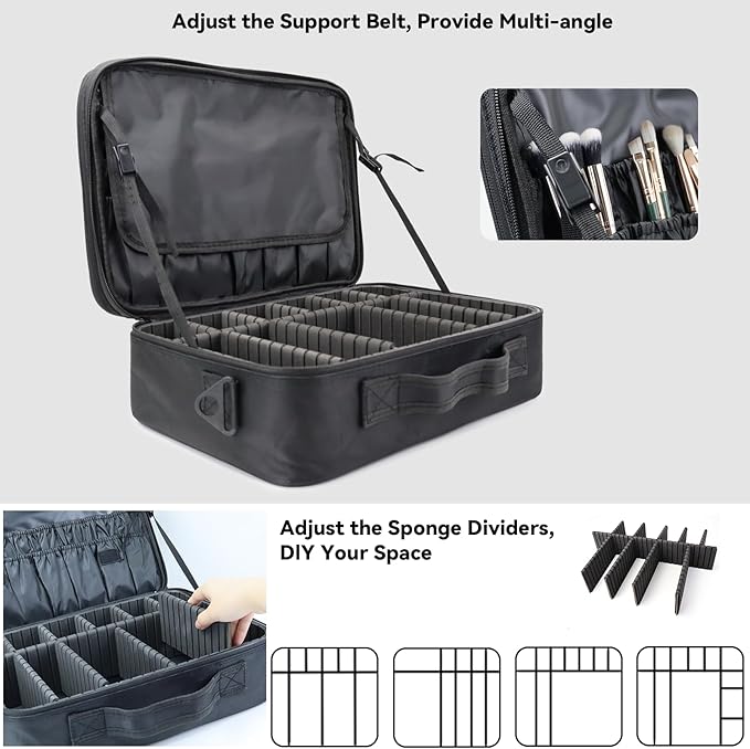 Travel Makeup Case 3 Layers Portable Makeup Train Case Cosmetic Bag Organizer Storage for Women with Adjustable Dividers and Shoulder Strap for Toiletry Travel Accessories(Black,XL)