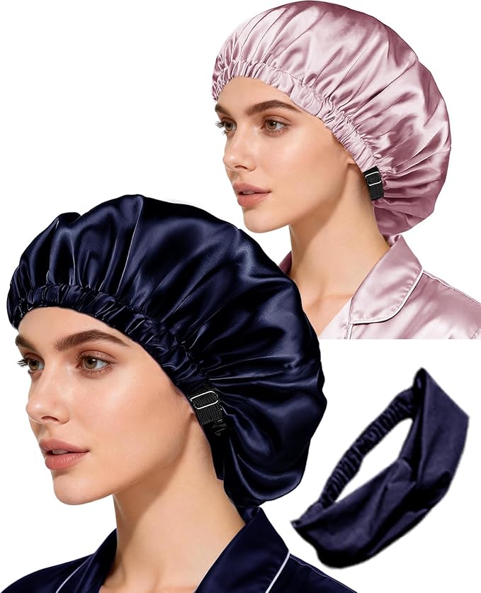 Hair Bonnets 3Pcs Satin Bonnet For Sleeping Silky Bonnets Womens Silk Bonnet Night Caps Curly Hair Sleep Cap For Women