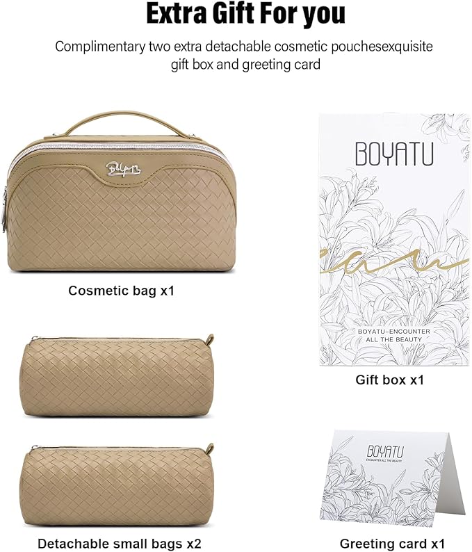 BOYATU Travel Makeup Bag Cosmetic Bags for Women: Large Capacity 3 Pcs Set Make up Bag with Compartments - Waterproof Vegan Leather Toiletry Organizer Bags with Handle (L37 Apricot)