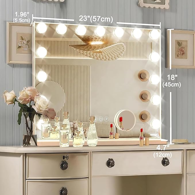 Hollywood Vanity Mirror with Lights, 15 Dimmable Bulbs, 3 Color Lights, Make Up Lighted Mirror, USB Charging Port, Valentines Day Gifts for Her, Gifts for Women Wife Teengirls（23" x 18"）